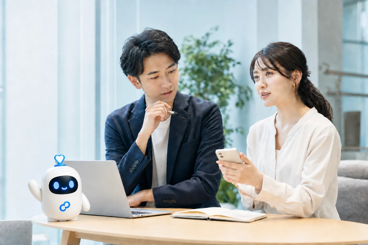 リンク君と一緒に、スマートフォンを見ながらキャリアについて話す男女の会社員