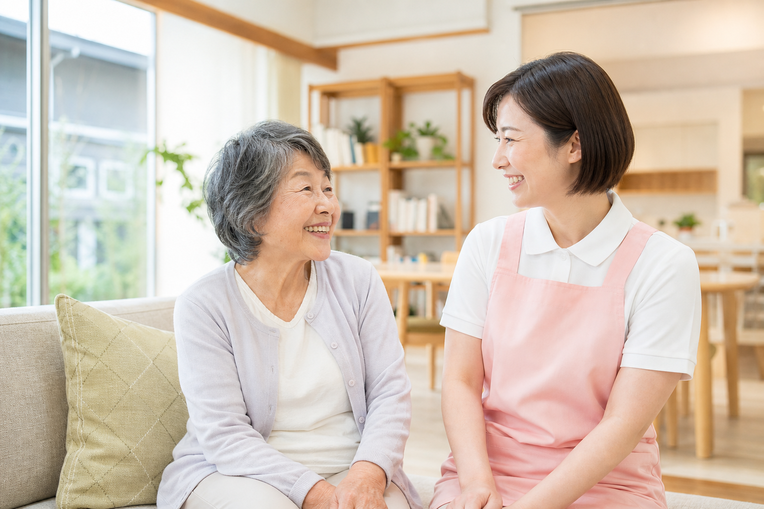 介護施設で笑顔で談笑する高齢女性と女性介護スタッフ